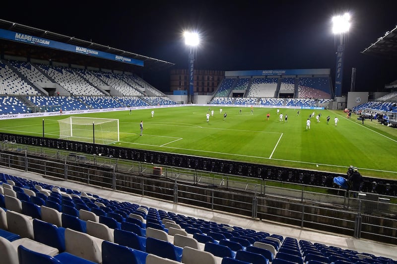 A view of the empty Mapei stadium as the Serie A soccer match between Sassuolo and Brescia is being played behind closed doors, in Reggio Emilia.  AP