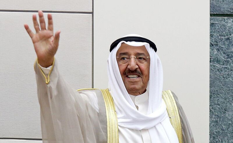 Emir of Kuwait Sheikh Sabah Al-Ahmad Al-Sabah waves during the opening ceremony of the new legislative year at the parliament in Kuwait City, on October 24, 2017. / AFP PHOTO / Yasser Al-Zayyat