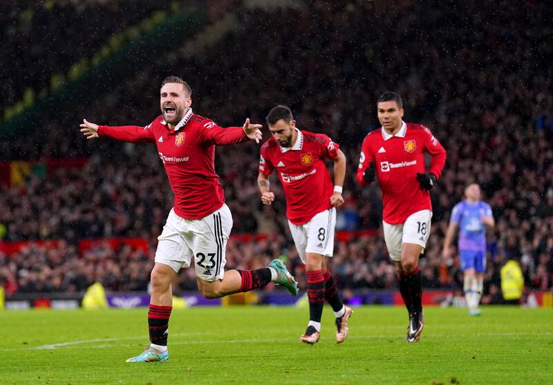 Luke Shaw celebrates scoring United's second goal. PA