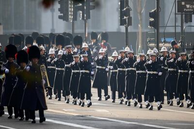 British Royal Navy members march during the National Service of Remembrance at The Cenotaph amid the coronavirus pandemic on Whitehall in London, Britain November 8, 2020. Aaron Chown/PA Wire/Pool via REUTERS