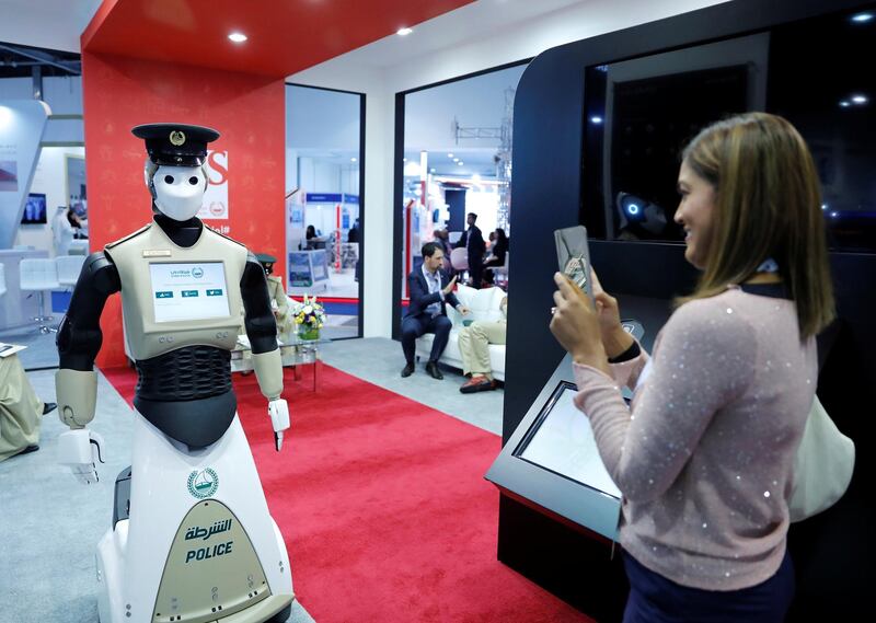Dubai, United Arab Emirates, January 23, 2018, Intersec 20 Middle East Security Conference, Dubai International Convention Centre. Dubai ROBOCOP at the Smart Police Station booth at the conference.
Victor Besa / The National