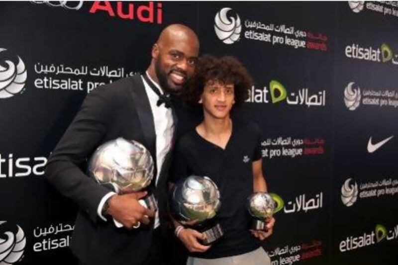 Al Ahli forward Grafite, left, winner of the International Player of the Year Award, while Al Ain playmaker Omar Abdulrahman scooped two gongs: Emirati Player of the Year and Fans' Player of the Year. Silvia Razgova / The National