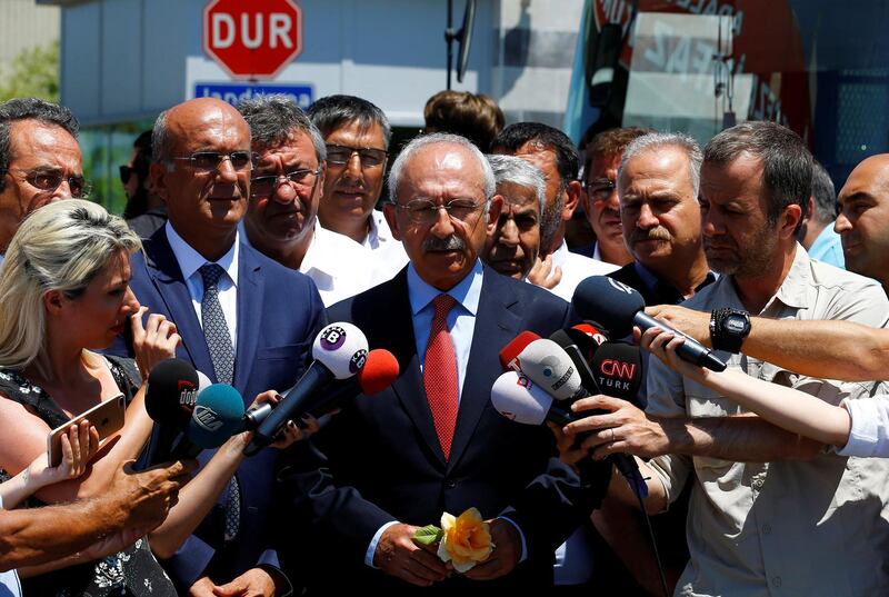 Kemal Kilicdaroglu, leader of Turkey's main opposition Republican People's Party (CHP), talks to media after visiting his party's lawmaker Enis Berberoglu at Maltepe prison, in Istanbul, Turkey on July 10, 2017. Umit Bektas/Reuters