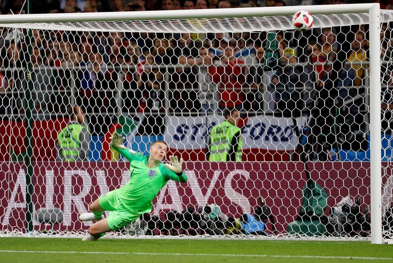 Colombia's Mateus Uribe's penalty strikes the crossbar - giving England a lifeline. Yuri Kochetkov / EPA