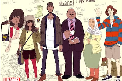 This comic book image released by Marvel Comics shows character Kamala Khan , second left, with her family Aamir, father Yusuf, mother Disha and friend Bruno, from the "Ms. Marvel" issue. The new monthly Ms. Marvel is debuting as part of the Companyís popular All-New Marvel NOW! initiative. (AP Photo/Marvel Comics)