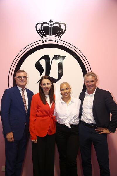 New Zealand’s Commissioner-General to Expo 2020 Clayton Kimpton, New Zealand Prime Minister Jacinda Ardern, Parris Goebel and NZTE hief executive Peter Chrisp. Courtesy NZ at Expo2020.