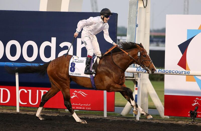 After carrying Jamie Spencer to victory in the UAE Derby on March 26, 2014 at Meydan Racecourse on Dubai World Cup night, Toast Of New York will turn his intent to next year's Dubai World Cup main event and not this year's Kentucky Derby. Pawan Singh / The National 