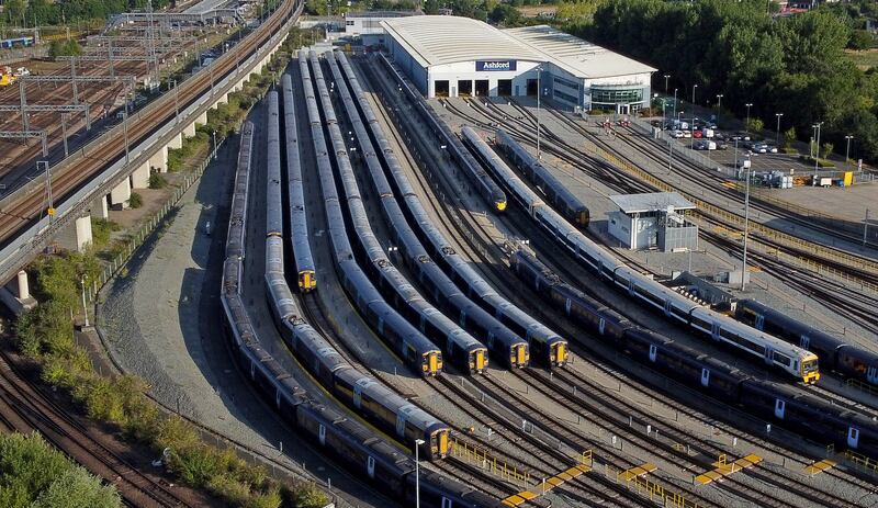 Southeastern trains in sidings near Ashford railway station in Kent. PA