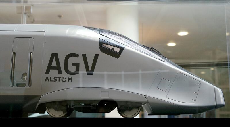 FILE PHOTO: A scale model of an AGV high speed train with the logo of Alstom is seen before a news conference to present the company's full year 2016/17 annual results in Saint-Ouen, near Paris, France, May 4, 2017. REUTERS/Gonzalo Fuentes/File Photo