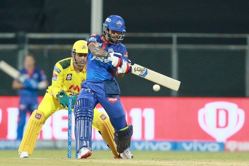 Shikhar Dhawan of Delhi Capitals plays a shot during match 2 of the Vivo Indian Premier League 2021 between Chennai Super Kings and the Delhi Capitals held at the Wankhede Stadium, Mumbai on the 10th April 2021.

Photo by Rahul Gulati / Sportzpics for IPL