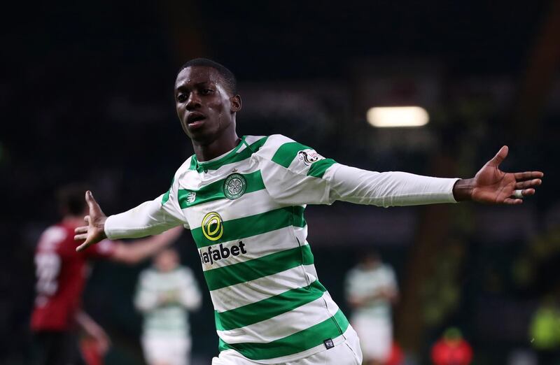 GLASGOW, SCOTLAND - JANUARY 23:  Timothy Weah of Celtic celebrates scoring his team's fourth goal during the Ladbrokes Scottish Premiership match between Celtic and St Mirren at Celtic Park on January 23, 2019 in Glasgow, Scotland.  (Photo by Ian MacNicol/Getty Images)