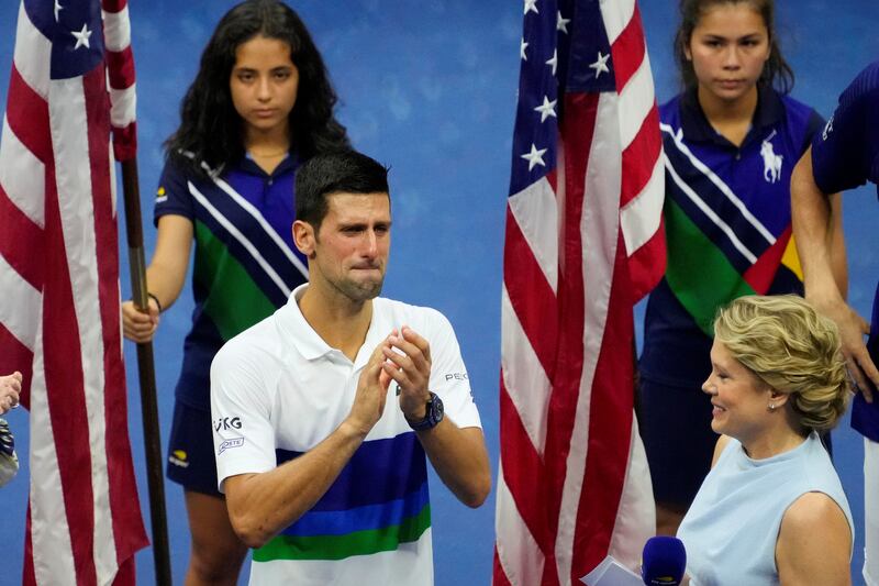 A tearful Novak Djokovic after losing the US Open final to Daniil Medvedev in New York on Sunday, Serptember 12. Reuters