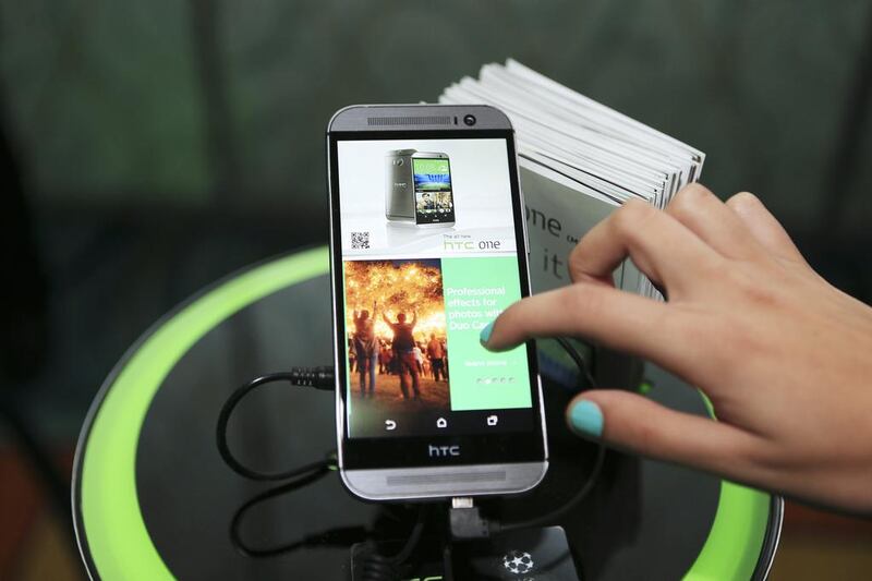 The HTC One (M8) on display during the launch event in Dubai, April 2, 2014. Sarah Dea / The National