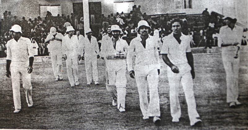 FOR SPORT MEMORY LANE SERIES - The Pakistan side, led by Javed Miandad, takes the field during a match between Gavaskar XI and Miandad XI at Sharjah Cricket Stadium, April 3 1981. Photo Courtesy: The Cricketer Pakistan *** Local Caption ***  10.jpg