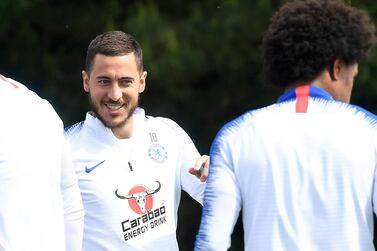 epa07592347 Chelsea's Eden Hazard (C) attends a training session during a Chelsea media day at Chelsea's training ground in Cobham, south east of London, Britain, 22 May 2019. Chelsea play Arsenal in the UEFA Europa League final soccer match in Baku on 29 May 2019. EPA/ANDY RAIN