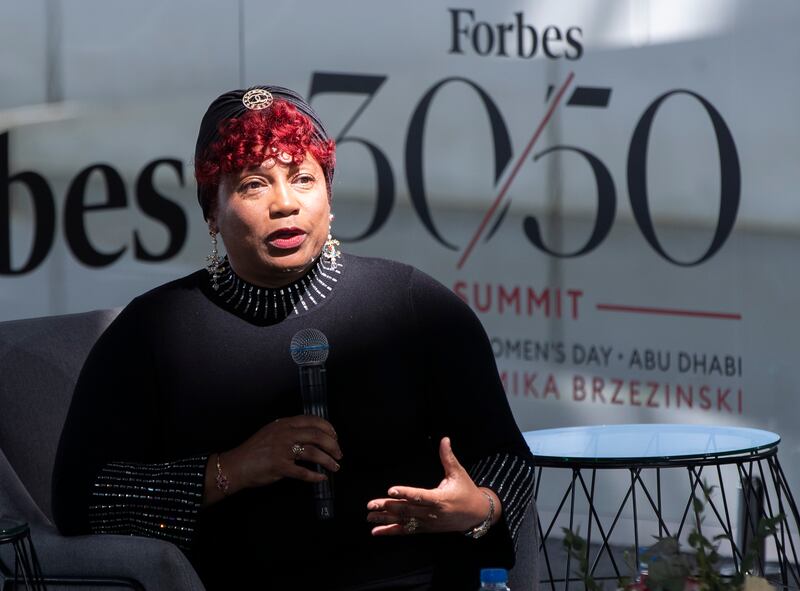 Pamela Winn, Founder and President, RestoreHER speaking at the Forbes 30/50 Summit at the Louvre, Abu Dhabi.