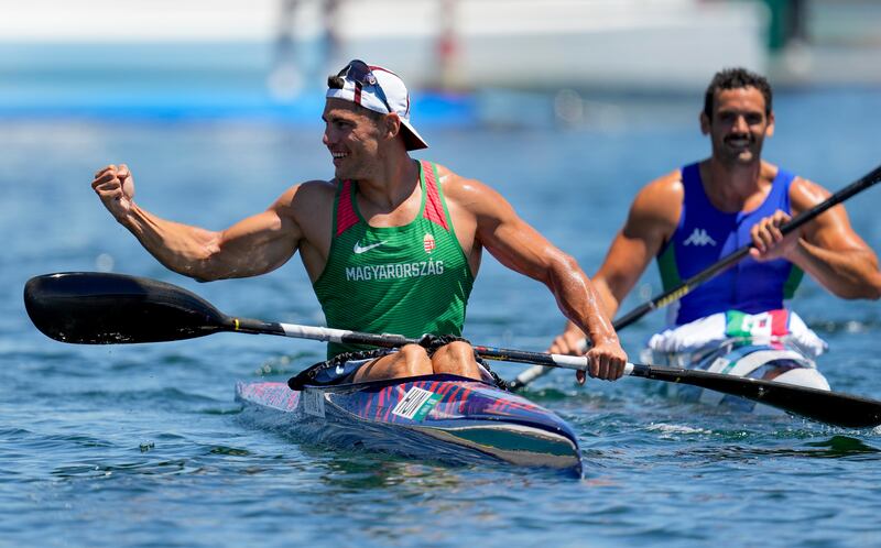 Sandor Totka, of Hungary, reacts after finish first in men's kayak single 200m final A to win the gold medal at the 2020 Summer Olympics.