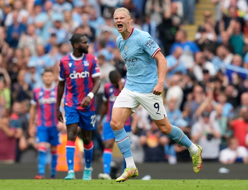 4) City fell two behind at home to Crystal Palace on August 27, but a shock was averted. Haaland celebrates after scoring their second goal in a 4-2 win. EPA