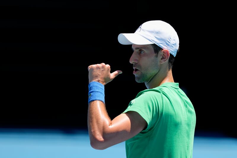 Novak Djokovic in action during a training session at Melbourne Park on Thursday before a decision from immigration minister Alex Hawke over whether he can play in the Australian Open. EPA