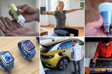 Items added to the shopping basked include, clockwise from top left: hand sanitiser, hand weights for home exercise, Smart/WiFi light bulbs, casual clothing, hybrid/electric cars, smartwatches. The basket is reviewed annually to ensure it accurately measures changing costs over time and reflects the developing tastes and shopping habits of British consumers. Getty Images