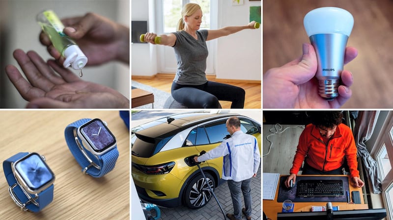 Items added to the shopping basked include, clockwise from top left: hand sanitiser, hand weights for home exercise, Smart/WiFi light bulbs, casual clothing, hybrid/electric cars, smartwatches. The basket is reviewed annually to ensure it accurately measures changing costs over time and reflects the developing tastes and shopping habits of British consumers. Getty Images