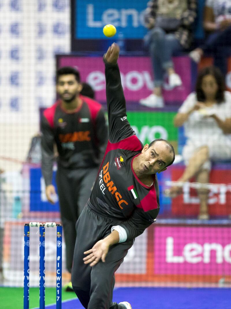 Dubai, United Arab Emirates - September 21st, 2017: Nadir Hassain of the UAE during the game between the UAE v Malaysia in the W.I.C.F Indoor cricket world cup 2017. Thursday, Sept 21st, 2017, Insportz, Al Quoz, Dubai. Chris Whiteoak / The National