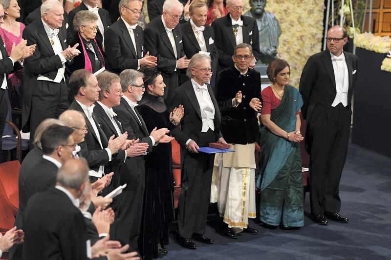 STOCKHOLM, SWEDEN - DECEMBER 10: Author Peter Handke, laureate of the Nobel Prize in Literature 2019 acknowledges applause after he received his Nobel Prize from King Carl XVI Gustaf of Sweden during the Nobel Prize Awards Ceremony at Concert Hall on December 10, 2019 in Stockholm, Sweden. (Photo by Pascal Le Segretain/Getty Images)