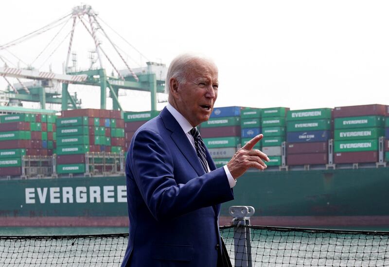 US President Joe Biden gestures after speaking during a visit to the Port of Los Angeles in California. Reuters