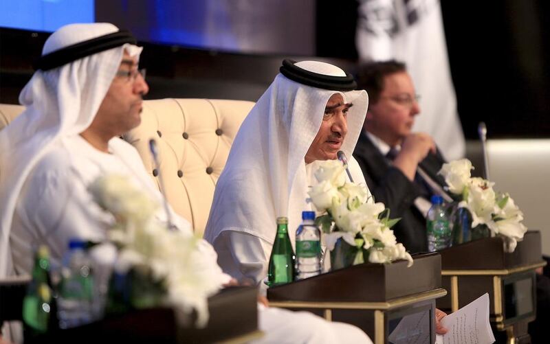 From left, Emirati academic Dr Abdullah Al Shaiba; Dr Sulaiman Al Jassim, a former vice president of Zayed University; and Dr Howard Alper, chairman of the Science, Technology and Innovation Council in Canada, at the fourth Education Conference yesterday. Ravindranath K / The National