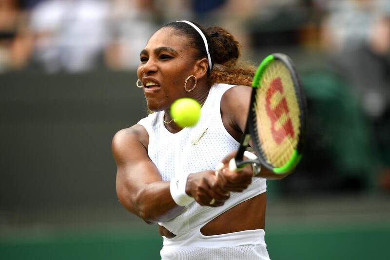 LONDON, ENGLAND - JULY 06: Serena Williams of The United States plays a backhand in her Ladies' Singles third round match against Julia Goerges of Germany during Day six of The Championships - Wimbledon 2019 at All England Lawn Tennis and Croquet Club on July 06, 2019 in London, England. (Photo by Mike Hewitt/Getty Images)