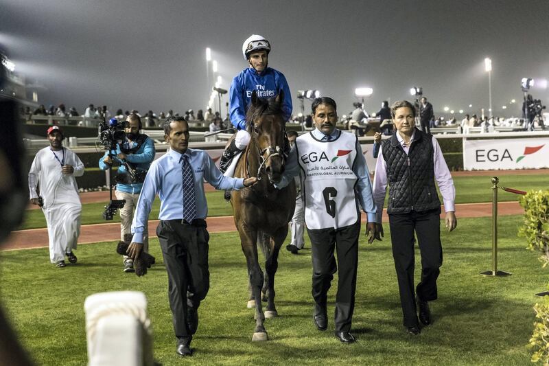 DUBAI, UNITED ARAB EMIRATES. 25 JANUARY 2018. Meydan Racecourse. Dubai World Cup Carnival. Race 42, UAE 2000 Guineas Trial. Winner Gold Town, (GN 3 yrs). Jockey William Buick, Trainer Charlie Appleby, Owner Godolphin. (Photo: Antonie Robertson/The National) Journalist: Amith Passela. Section: Sport.