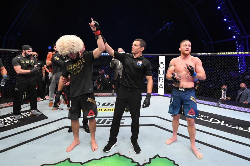 Khabib Nurmagomedov celebrates his victory over Justin Gaethje. Getty