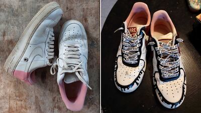 Before and after images of the writer’s shoes, which were transformed by Golden Goose. Sarah Maisey / The National