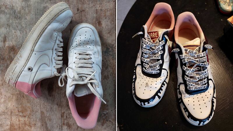 Before and after images of shoes which were transformed by Golden Goose. Sarah Maisey / The National