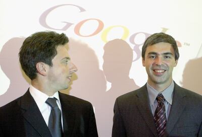 Google founders Sergey Brin, left, and Larry Page at the Frankfurt Book Fair in 2004. Getty