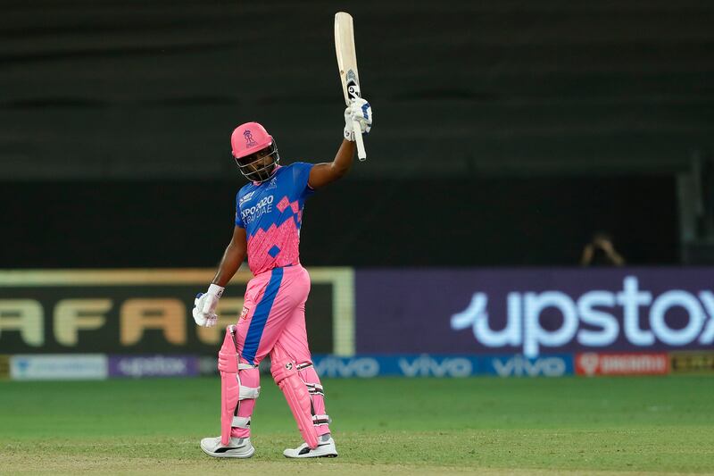 Sanju Samson celebrates his fifty in Dubai on Monday. Sportzpics for IPL