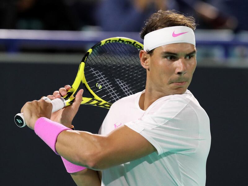 Abu Dhabi, United Arab Emirates - Reporter: Jon Turner: Rafael Nadal plays a shot during the semi final between Rafael Nadal v Karen Khachanov at the Mubadala World Tennis Championship. Friday, December 20th, 2019. Zayed Sports City, Abu Dhabi. Chris Whiteoak / The National