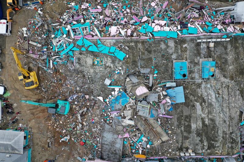 An aerial picture shows a hospital building collapsed following an earthquake in Mamuju, West Sulawesi, Indonesia, January 16, 2021 in this photo taken by Antara Foto. Reuters