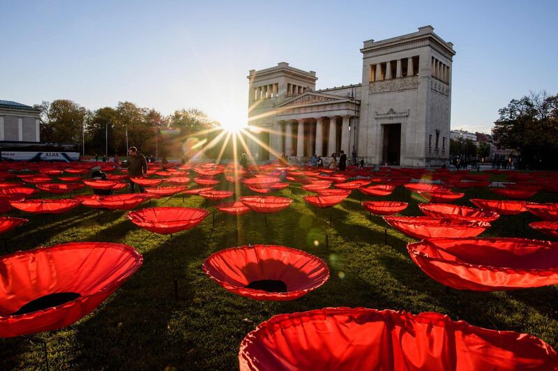 The 'Never again' poppy installation at Koenigsplatz in Munich, southern Germany.  AFP