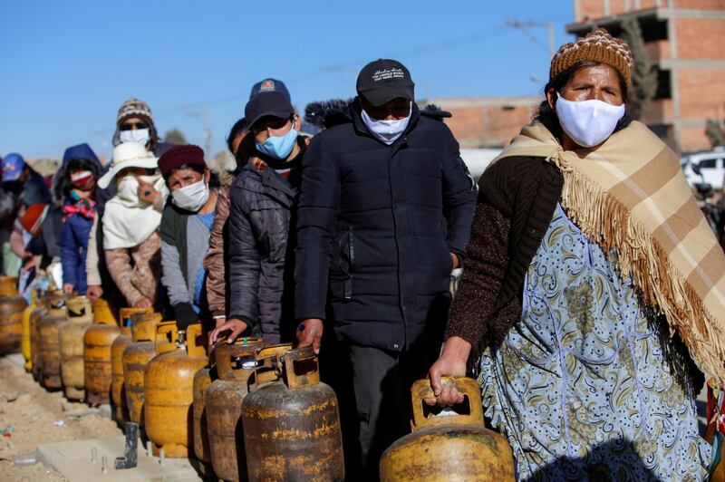 People line up to get a gas canister due a shortage in Senkata, El Alto outskirts of La Paz, Bolivia. Reuters