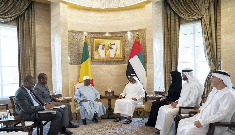 ABU DHABI, UNITED ARAB EMIRATES - January 12, 2019: HH Sheikh Mohamed bin Zayed Al Nahyan, Crown Prince of Abu Dhabi and Deputy Supreme Commander of the UAE Armed Forces (4th R), receives HE Ibrahim Boubacar Keita, President of Mali (5th R). Seen with HE Hussain Al Nowais, Chairman of the Khalifa Fund (R), HE Mohamed Mubarak Al Mazrouei, Undersecretary of the Crown Prince Court of Abu Dhabi (2nd R) and HE Reem Ibrahim Al Hashimi, UAE Minister of State for International Cooperation (3rd R), at the Sea Palace. 

( Mohamed Al Hammadi / Ministry of Presidential Affairs )
---