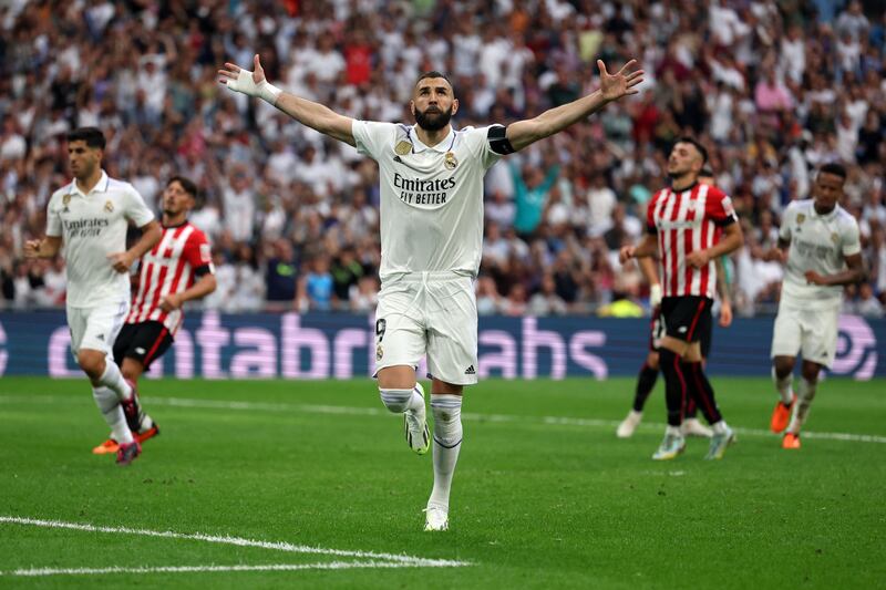 Real Madrid's Karim Benzema celebrates scoring a goal against Athletic Bilbao from the penalty spot in his final game for the club on Sunday, June 4, 2023. AFP