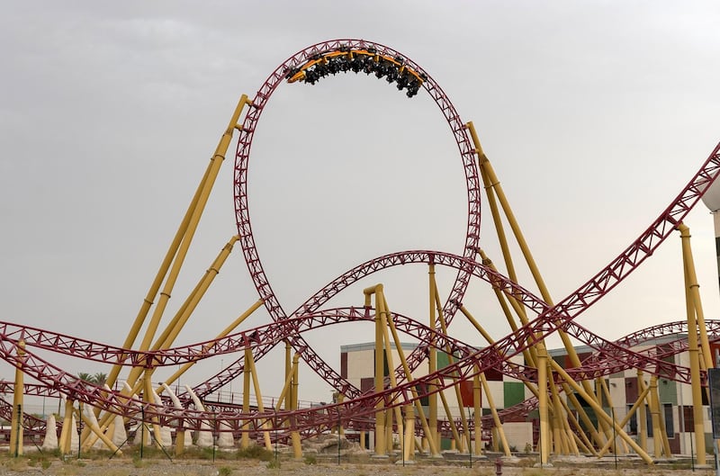 Dubai, United Arab Emirates - Reporter: N/A. Weather. Dark clouds gather over The Velociraptor ride at IMG World of Adventure, Dubai. Sunday, July 19th, 2020. Dubai. Chris Whiteoak / The National