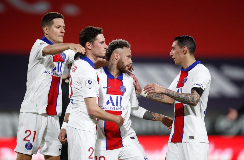 Neymar celebrates scoring with PSG teammates. Reuters