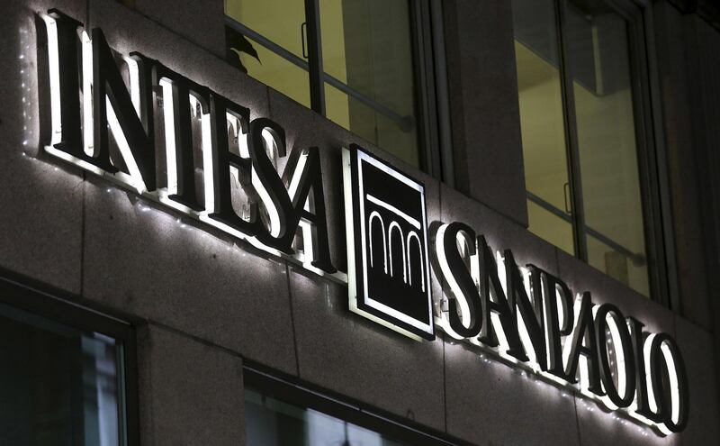 FILE PHOTO: The Intesa Sanpaolo logo is seen in Milan, Italy, January 18, 2016. REUTERS/Stefano Rellandini/File Photo