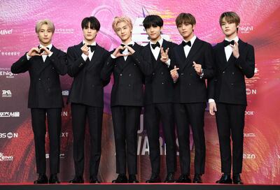 South Korean boy group NCT DREAM poses on the red carpet at the 29th Seoul Music Awards in Seoul on January 30, 2020. (Photo by Jung Yeon-je / AFP)