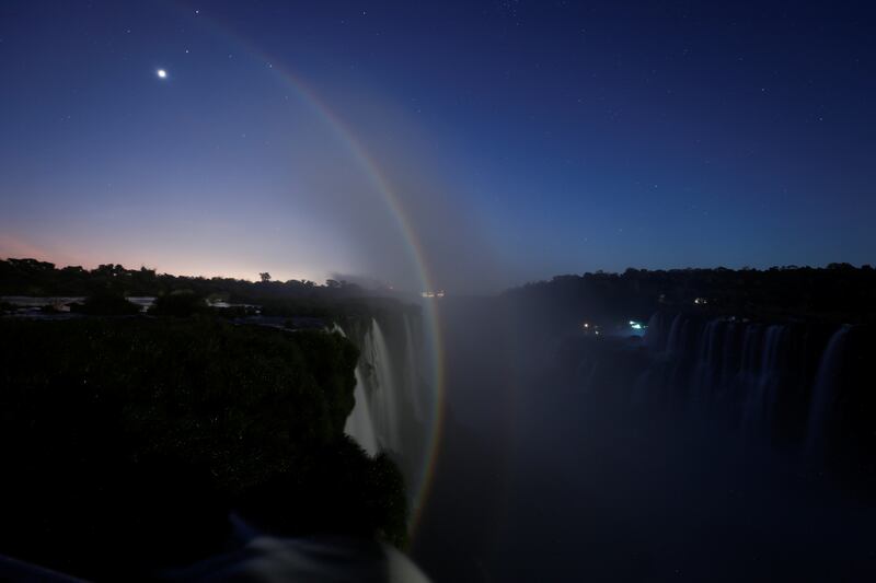 A rainbow at the Iguazu Falls in Puerto Iguazu, Argentina, during the full moon. Reuters