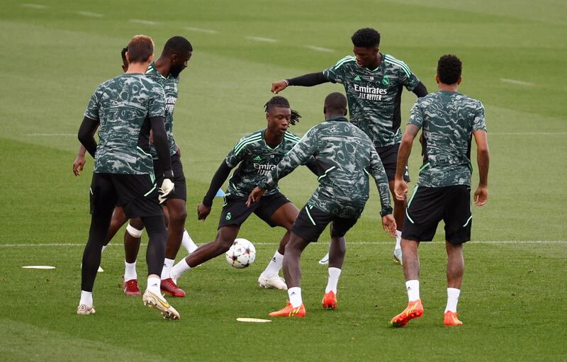 Real Madrid's Eduardo Camavinga training with teammates. Reuters