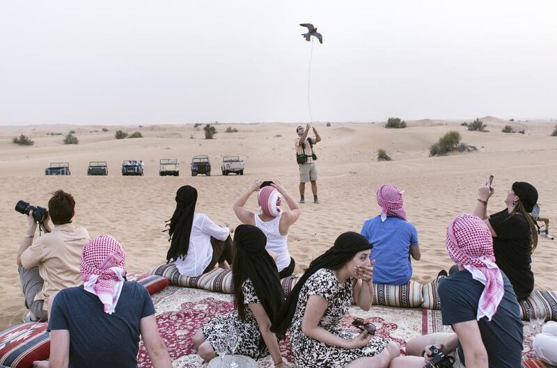 Visitors watch Werner Calitz, a falconer at Platinum Heritage Tours. Some tourism experts would like to see more Emiratis working in the industry. Reem Mohammed / The National