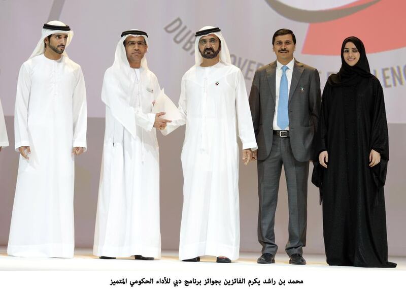 Sheikh Mohammed bin Rashid congratulates the winners of the Dubai Government Excellence Awards. Wam